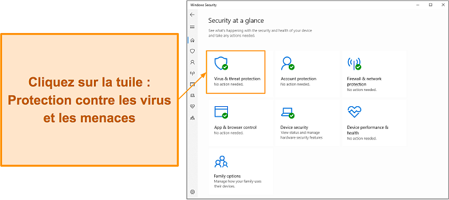Capture d'écran montrant comment ouvrir le menu de protection contre les virus et menaces de Microsoft Defender