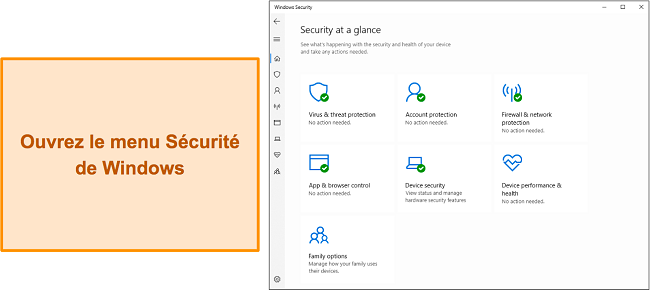 Capture d'écran du menu principal de la sécurité Windows