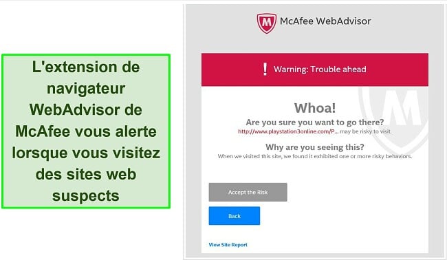 Capture d'écran de l'interface de l'extension de navigateur McAfee WebAdvisor.