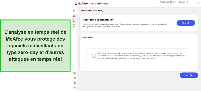 Revue de l'antivirus McAfee affichant le menu d'analyse en temps réel en anglais.