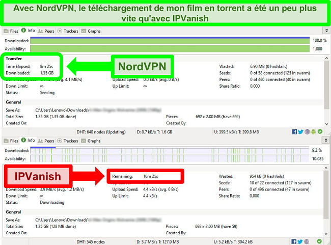 capture d'écran des vitesses de torrent NordVPN vs IPVanish