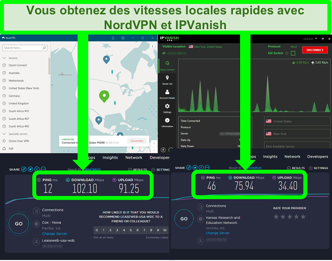 Captures d'écran des tests de vitesse de NordVPN et IPVanish connectés à des serveurs aux États-Unis