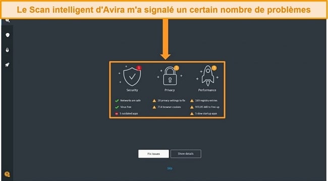 Capture d'écran de la page de résultats d'Avira Antivirus Smart Scan.