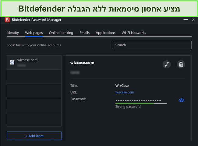 צילום מסך של מנהל הסיסמאות של Bitdefender.