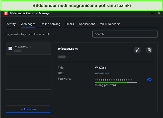 Snimka zaslona upravitelja lozinki Bitdefendera.