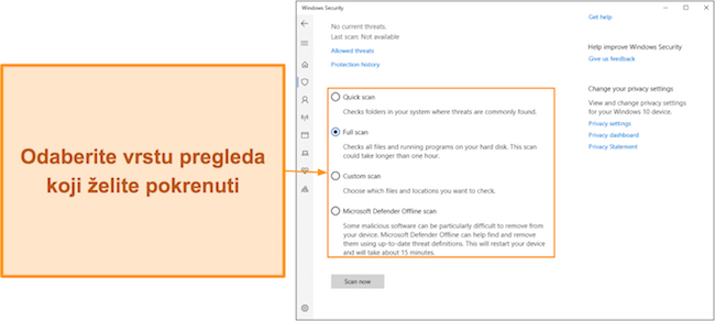 Snimka zaslona različitih dostupnih vrsta skeniranja programa Microsoft Defender