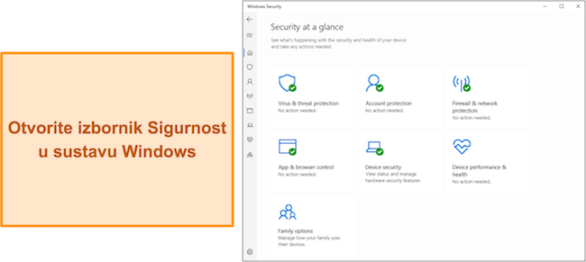 Snimka zaslona glavnog izbornika Sigurnost sustava Windows