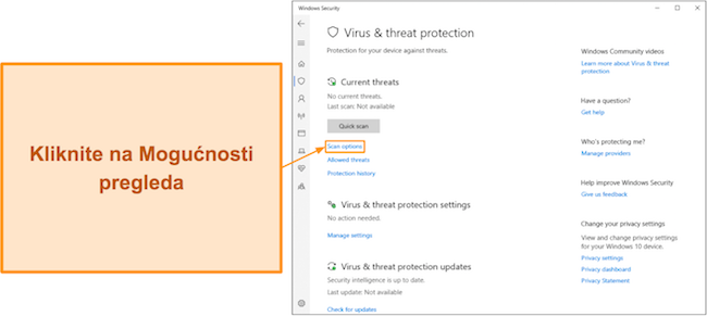 Snimka zaslona koja pokazuje kako pristupiti opcijama skeniranja programa Microsoft Defender