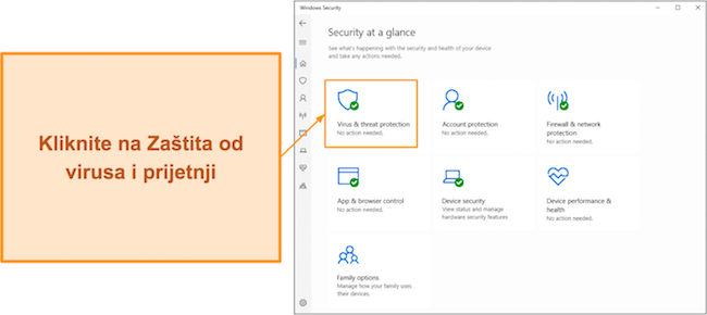 Snimka zaslona koja pokazuje kako otvoriti izbornik zaštite od virusa i prijetnji programa Microsoft Defender