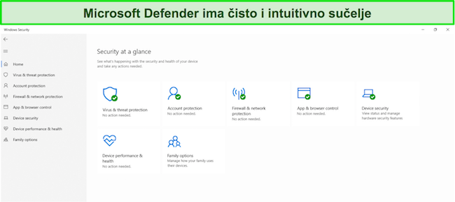 Snimka zaslona glavnog izbornika programa Microsoft Defender