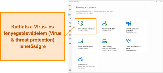 Képernyőkép a Microsoft Defender Vírus- és fenyegetésvédelem menüjének megnyitásáról