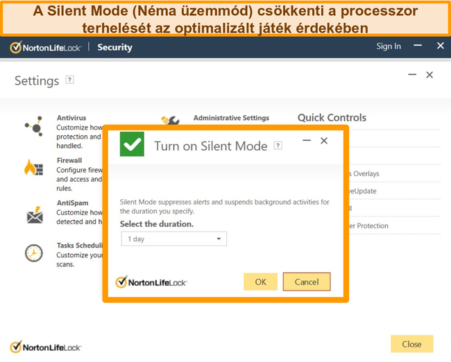 Pillanatkép a Norton néma módjának bekapcsolásáról.