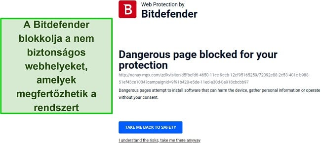 A Bitdefender áttekintése bemutatja a webvédelmi funkciót, amely aktívan blokkolja a potenciálisan káros webhelyekhez való hozzáférést.