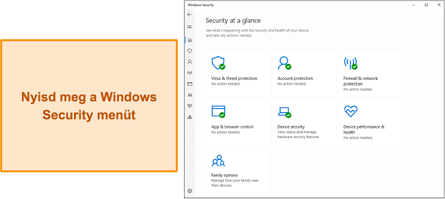 Képernyőkép a Windows biztonság főmenüjéről