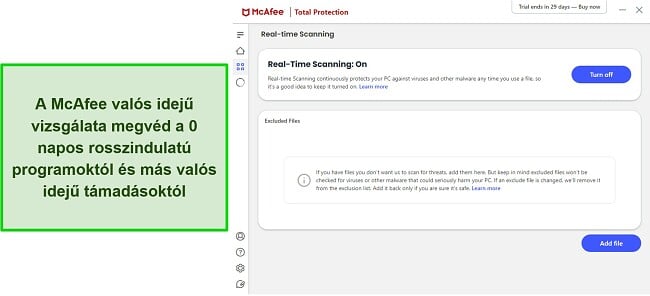 A McAfee víruskereső áttekintése a valós idejű keresés menüt jeleníti meg angol nyelven.