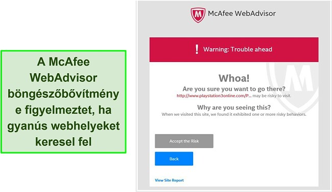 Képernyőkép a McAfee WebAdvisor böngészőbővítmény felületéről.