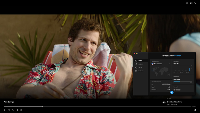 Captura de tela do hotspot escudo conectando -se a um servidor americano e desbloqueando o programa Palm Springs no Hulu