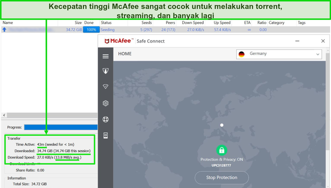 Tangkapan layar dari McAfee VPN yang terhubung ke server Jerman saat mengunduh file torrent 35GB.