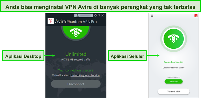 Tangkapan layar dari aplikasi desktop dan seluler Avira Phantom VPN.