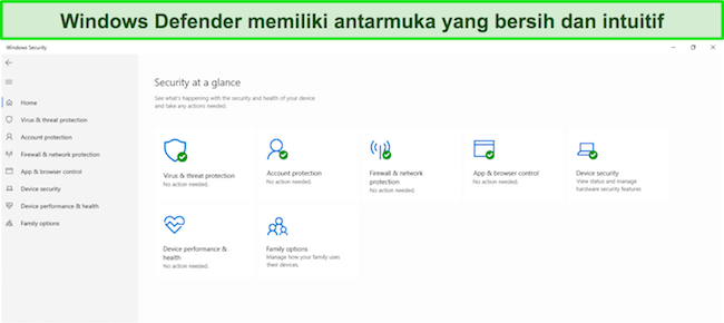 Cuplikan layar menu utama Pertahanan Microsoft