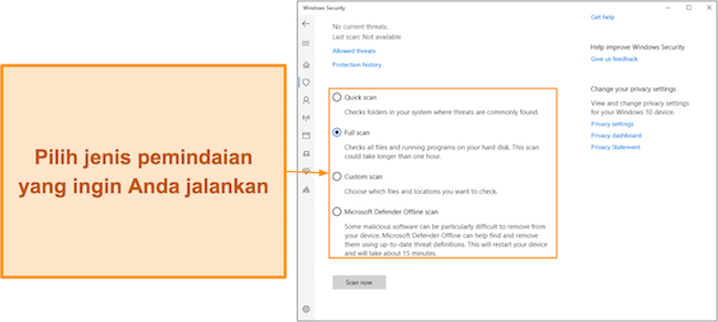 Cuplikan layar dari berbagai jenis pemindaian yang tersedia dari Pertahanan Microsoft