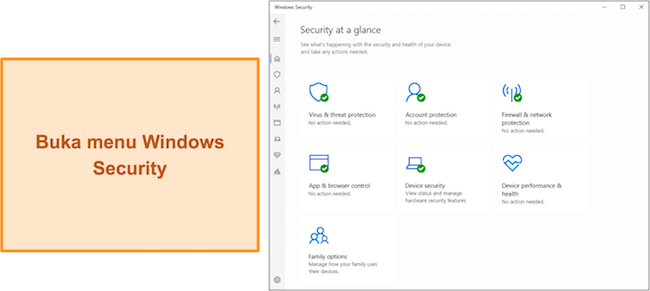Cuplikan layar menu utama Keamanan Windows