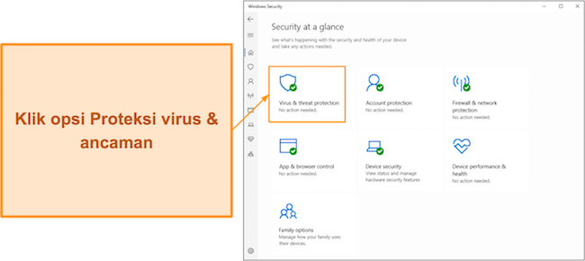 Cuplikan layar memperlihatkan cara membuka menu perlindungan Virus & ancaman Microsoft Defender