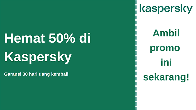 Kupon antivirus Kaspersky dengan diskon 50% dan jaminan uang kembali 30 hari