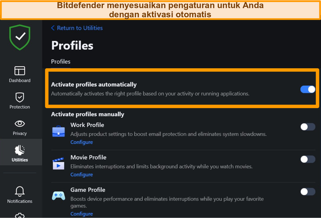 Tangkapan layar dari pengaturan Profil Bitdefender dengan aktivasi otomatis disorot.