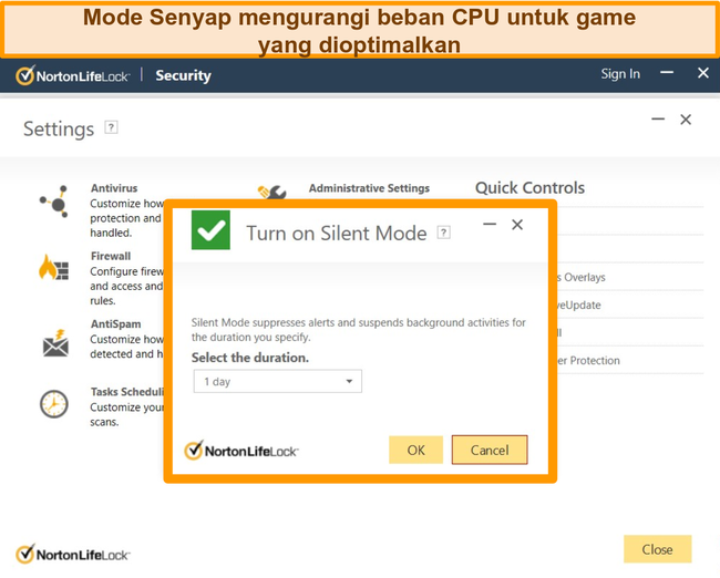 Tangkapan layar Mode Senyap Norton sedang dihidupkan.