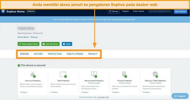 Tangkapan layar dari Dasbor berbasis web Sophos