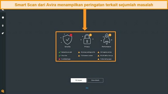 Tangkapan layar dari halaman hasil Avira Antivirus Smart Scan.