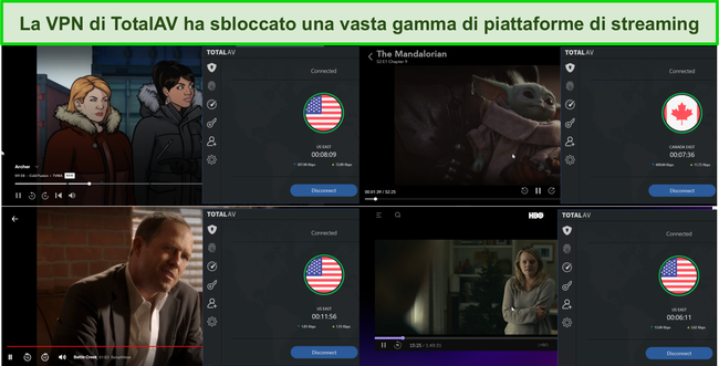 Screenshot di Total AV VPN che sblocca Hulu, Disney +, Netflix e HBO Max.