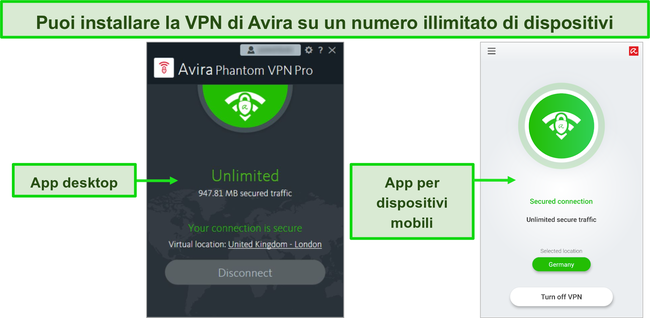 Screenshot delle app desktop e mobili di Avira Phantom VPN.