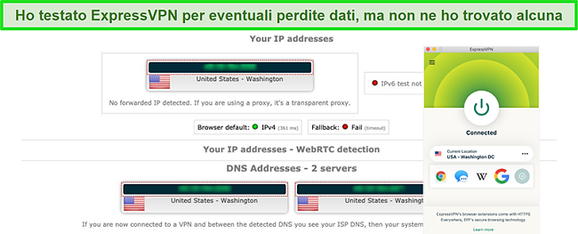 Screenshot di ExpressVPN che ha superato correttamente un test di perdita IP, WebRTC e DNS mentre è connesso a un server negli Stati Uniti