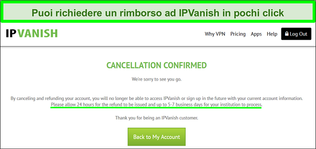 Screenshot di un utente che richiede con successo un rimborso da IPVanish tramite live chat con la garanzia di rimborso di 30 giorni