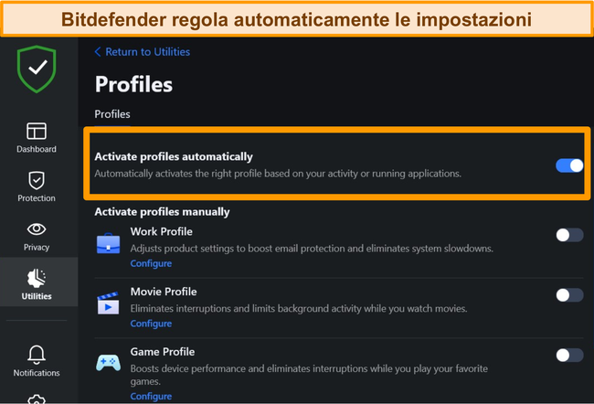 Screenshot dell'impostazione Profili di Bitdefender con attivazione automatica evidenziata.