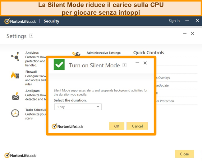 Screenshot della modalità silenziosa di Norton attivata.