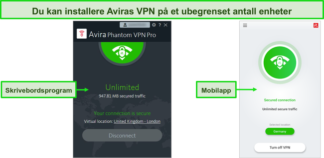 Skjermbilde av Avira Phantom VPN stasjonære og mobile apper.