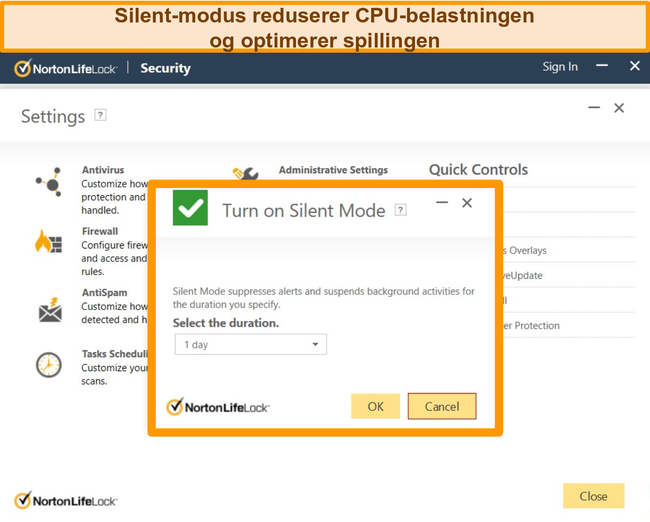 Skjermbilde av Nortons Silent Mode som er slått på.