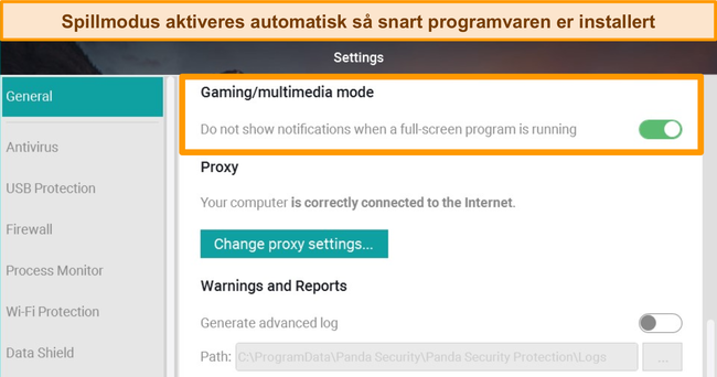 Skjermbilde av plasseringen av Pandas spillmodus i Generelle innstillinger.