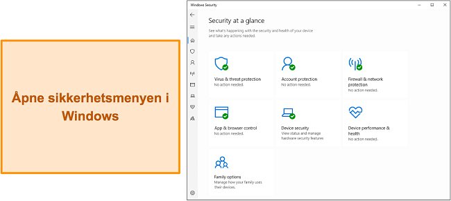 Skjermbilde av Windows Security-hovedmenyen