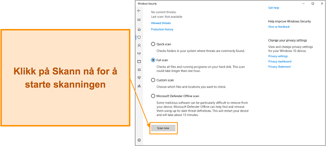 Skjermbilde som viser hvordan du starter en skanning med Microsoft Defender