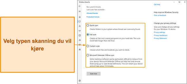 Skjermbilde av Microsoft Defenders ulike tilgjengelige skannetyper
