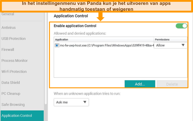 Screenshot van het configuratiemenu van Panda's Application Control.