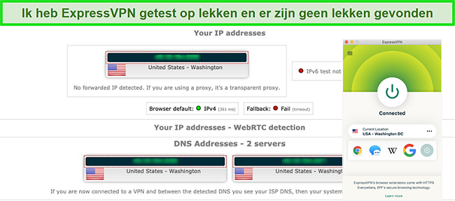 Schermafbeelding van ExpressVPN die een IP-, WebRTC- en DNS-lektest heeft doorstaan terwijl deze is verbonden met een server in de VS