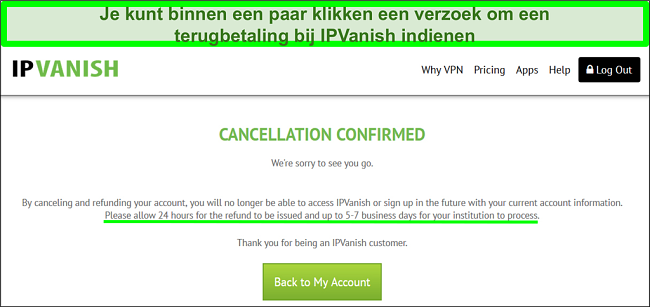 Screenshot van een gebruiker die met succes een terugbetaling van IPVanish aanvraagt via livechat met de 30 dagen geld-terug-garantie