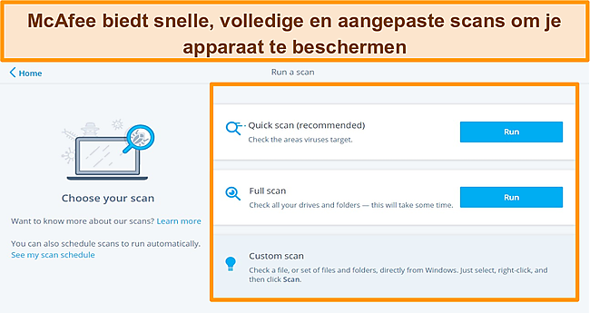 Screenshot van de McAfee-antivirus-app met snelle, volledige en aangepaste scanopties.