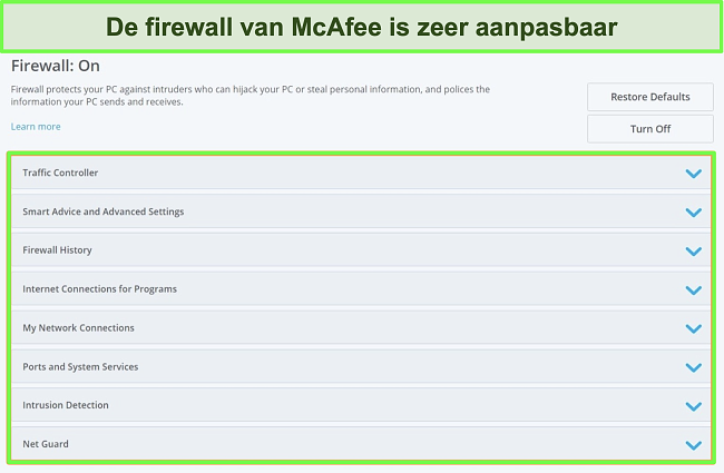 Screenshot van de firewall van McAfee.