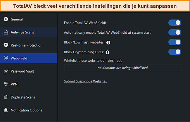 Screenshot van TotalAvs Settings Manus.